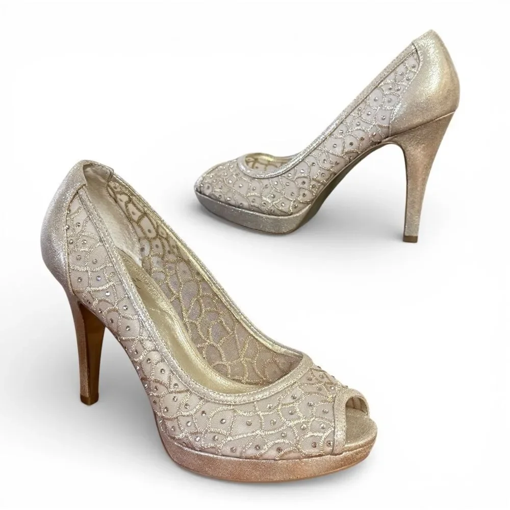 Adrianna Papell Foxy Peep-Toe Mesh Evening Pumps Gold Mesh Uppers Rhinestones 7